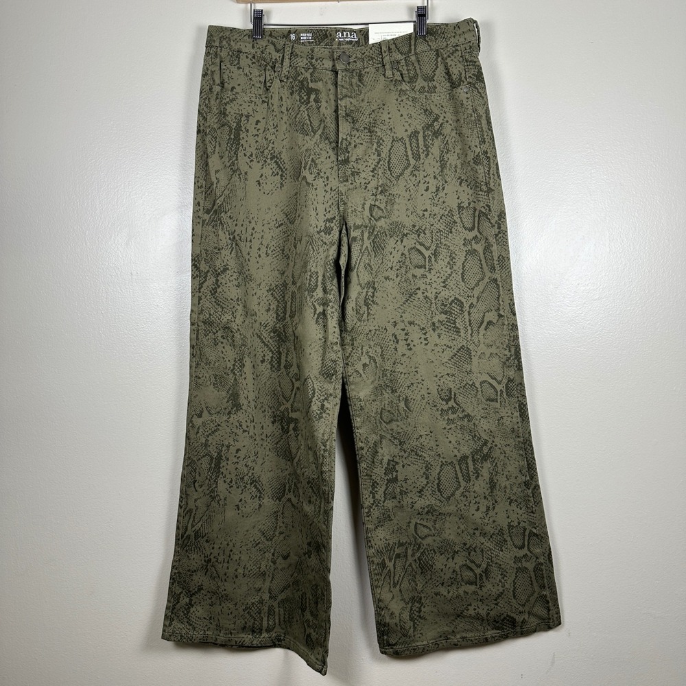 a.n.a‎ Women's 16 Pants Olive Green Python Snake Print High Rise Wide Leg NEW